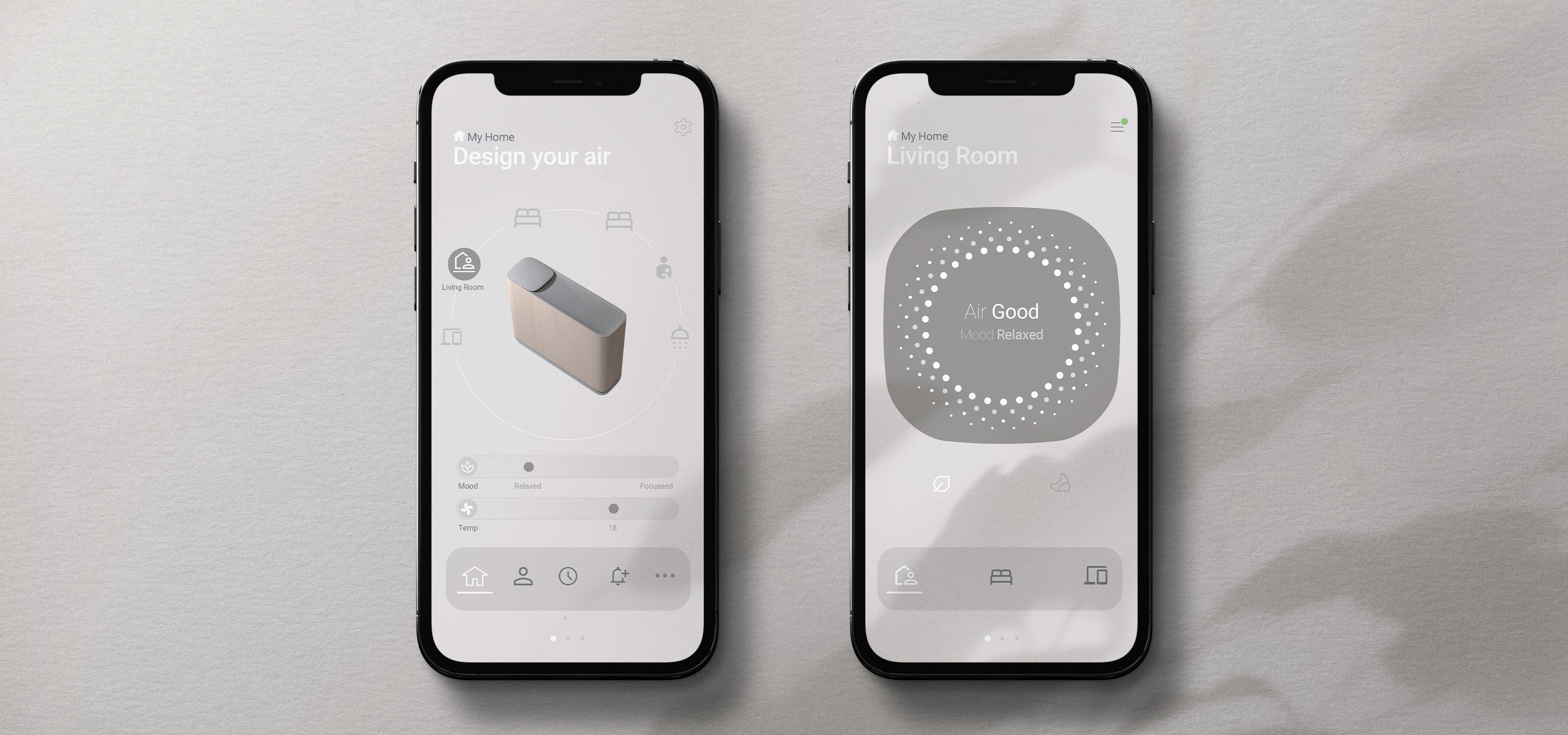 Aalto app mockup. Two screens side by side showing how users can personalise their air throughout the home.