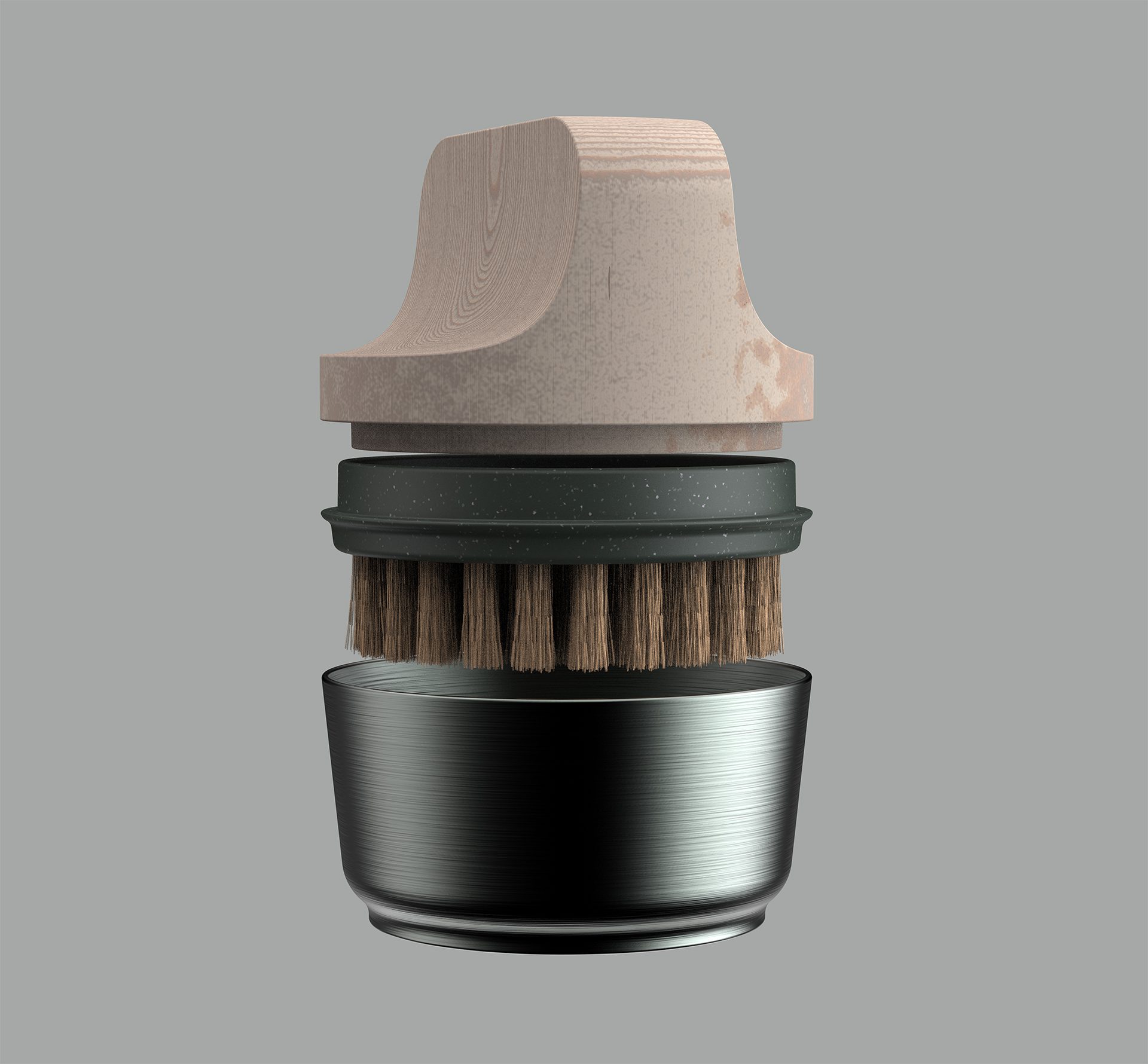 an exploded view of the Rodd designed Essence cleaning brush
