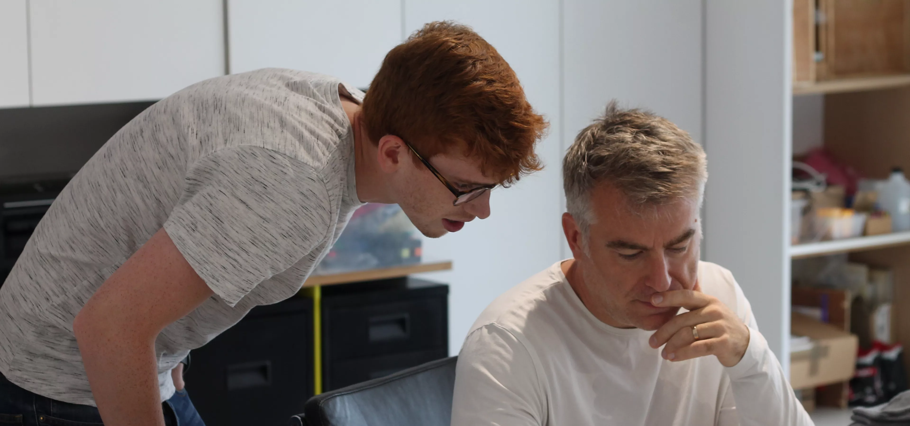 A designer discussing a project with Ben Davies Director at Rodd Design