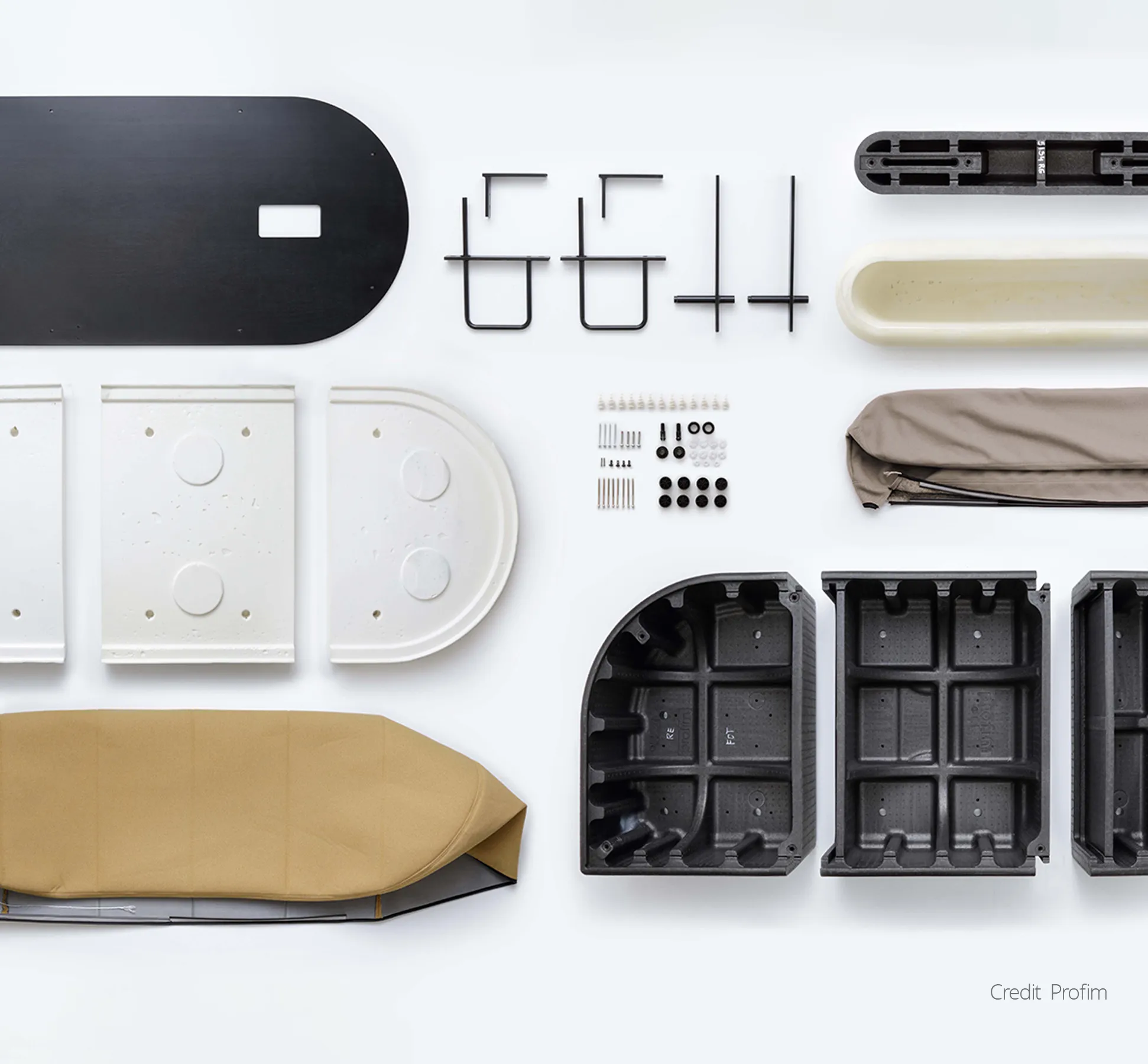 Flatlay of parts that go into the construction of Profim Revo office furniture
