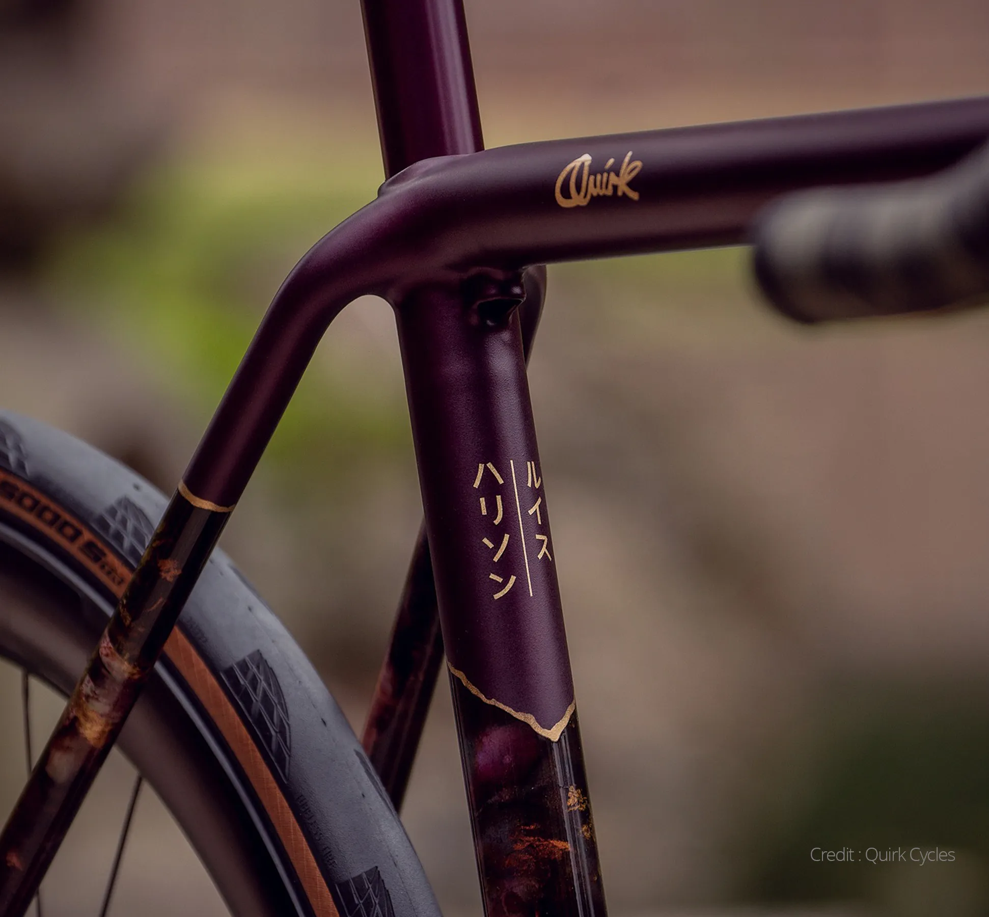 A closeup of a custom Quirk Cycles bike frame