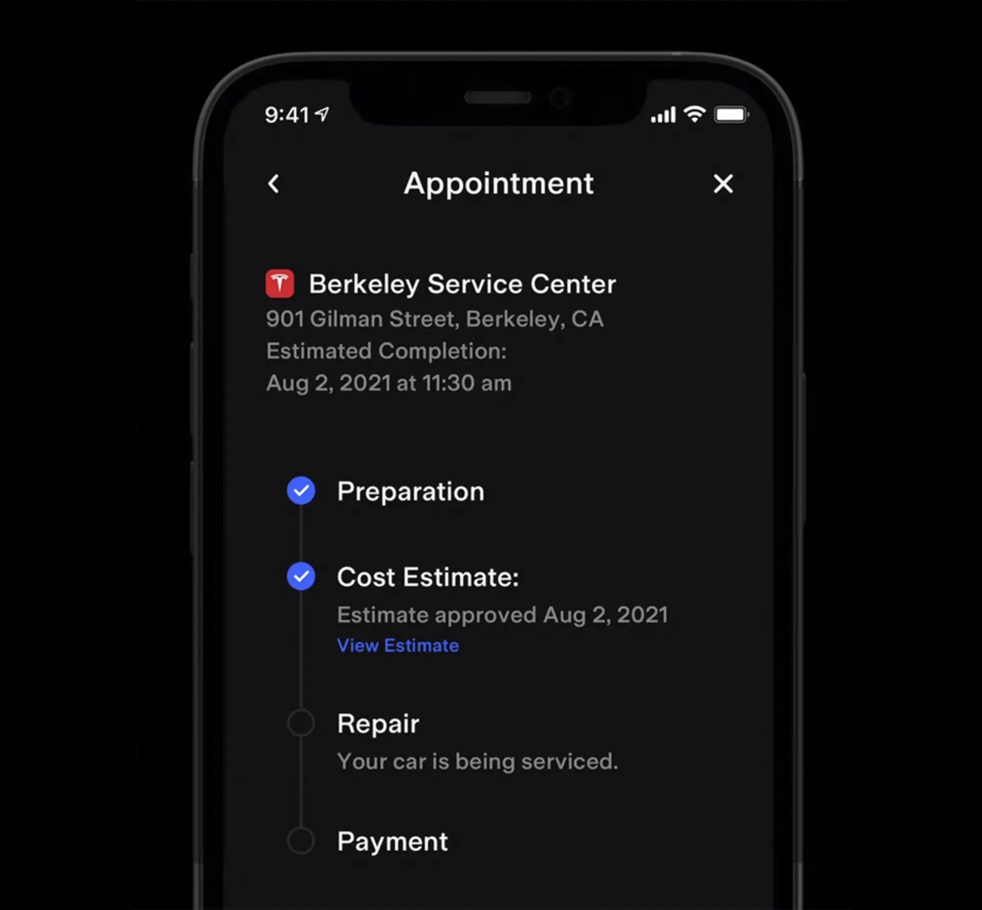 Tesla service UI screen