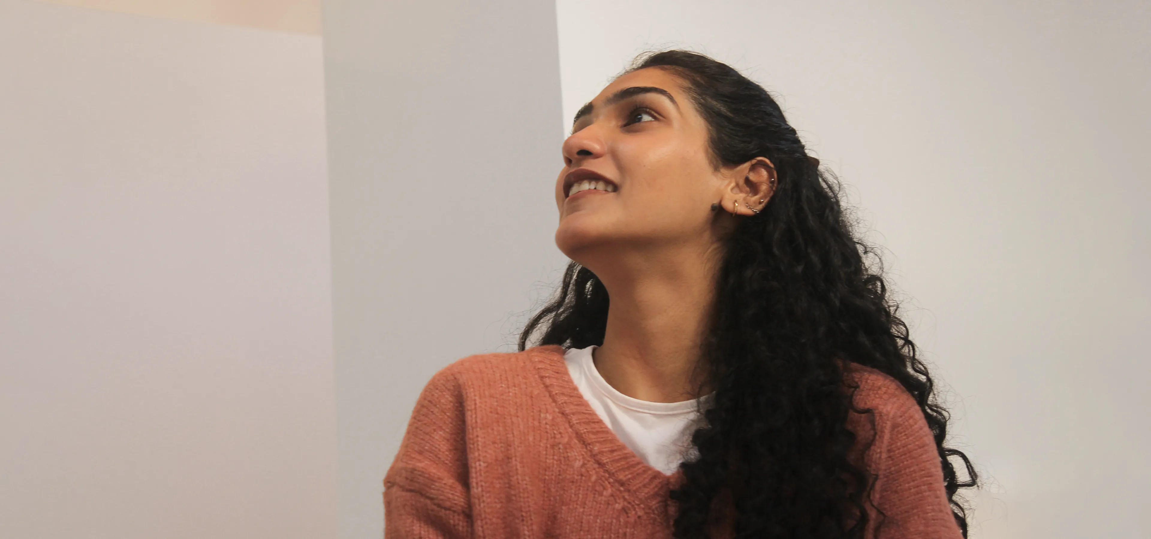 Sakshi Seth pictured looking up to the upper floor Rodd studio
