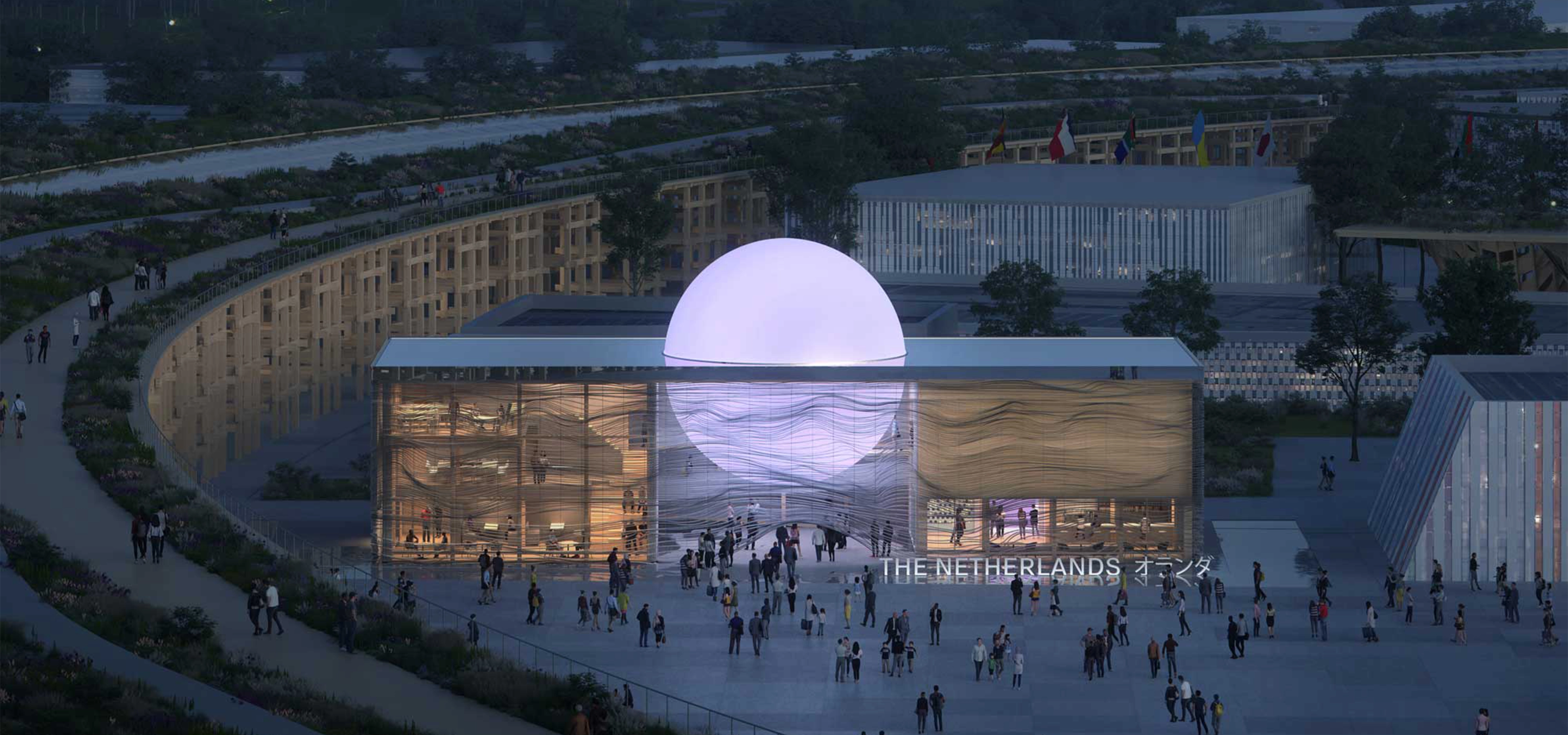 Netherlands pavilion with illuminated sphere