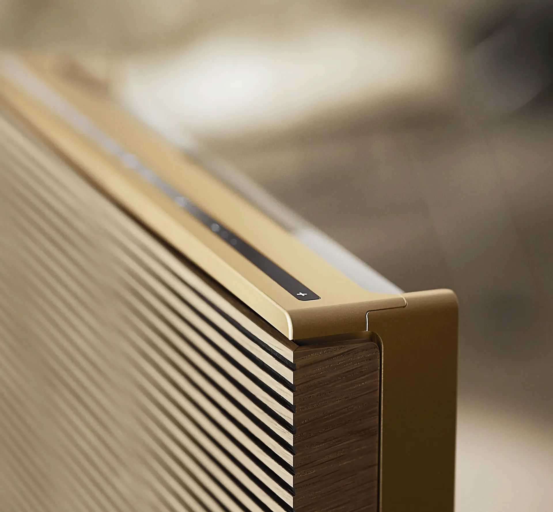 Detail of a Bang&Olufsen brass coloured speaker