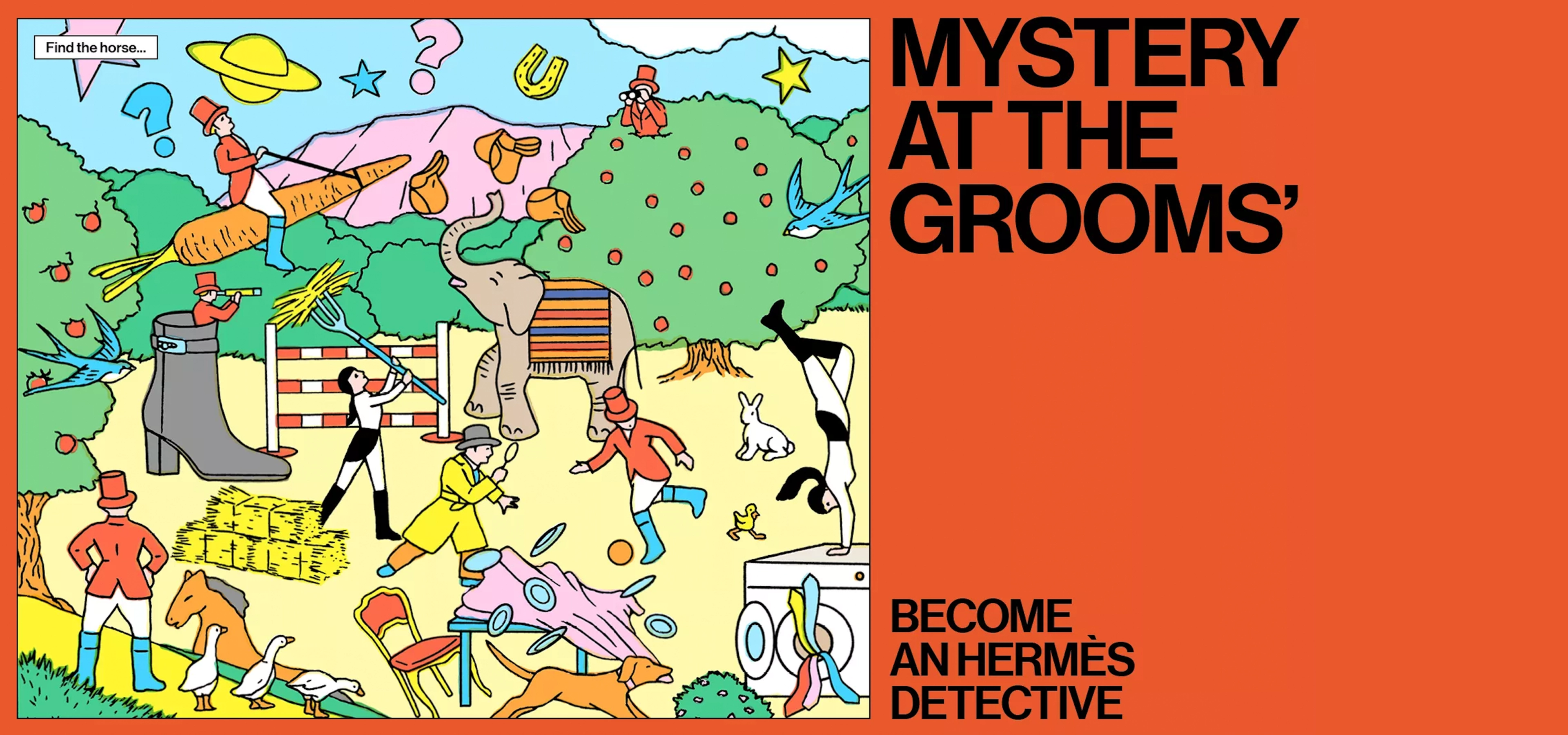 A poster with cartoon drawing for 'Mystery at the Grooms'