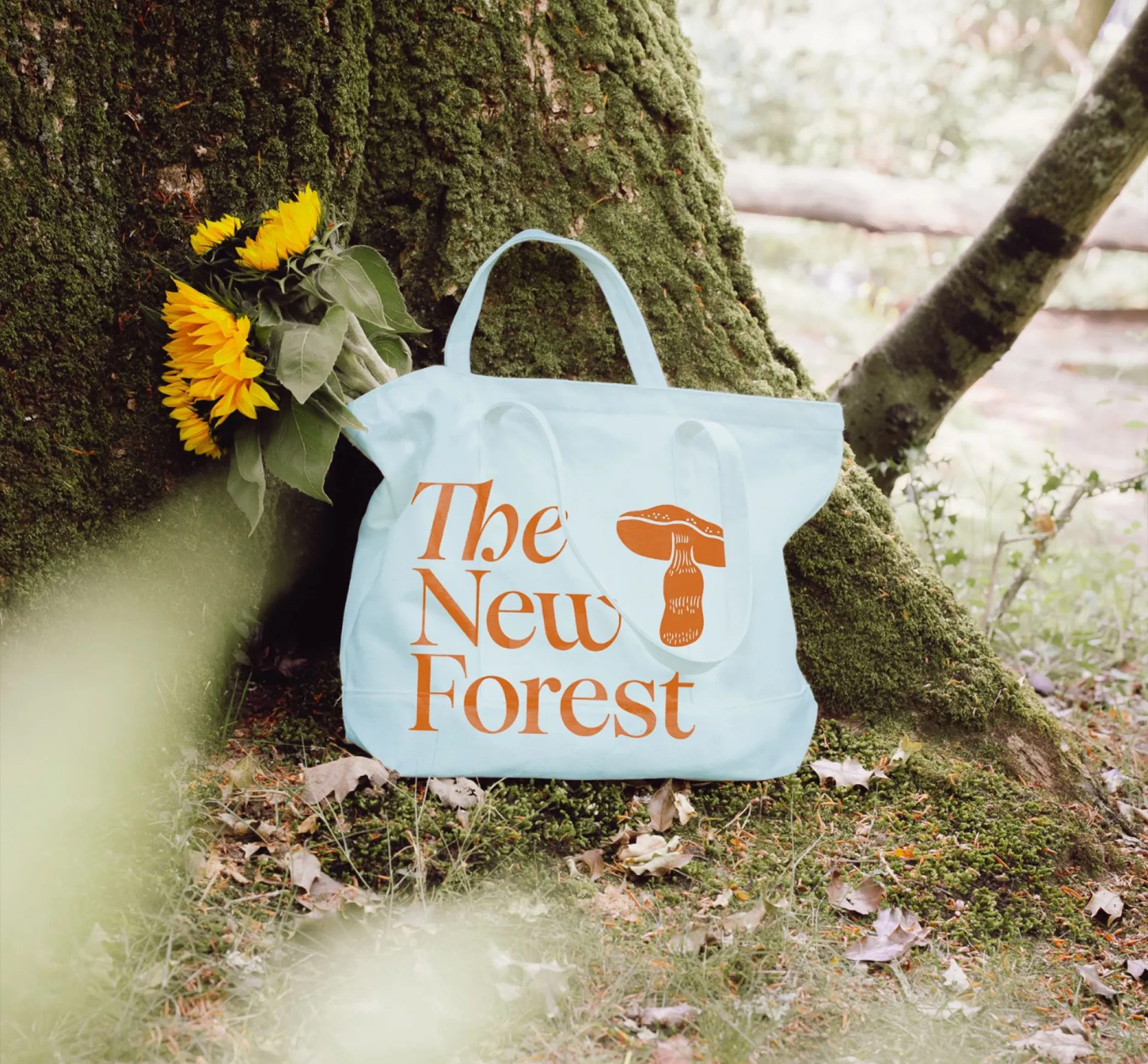 Canvas bag at the base of a tree