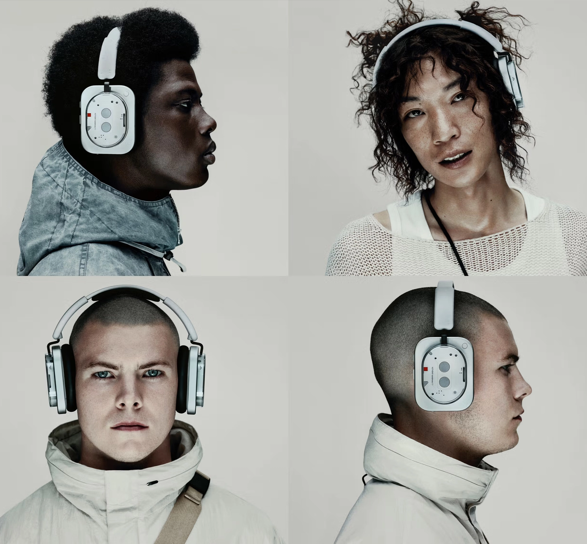 Collage of people wearing a Nothing headphone