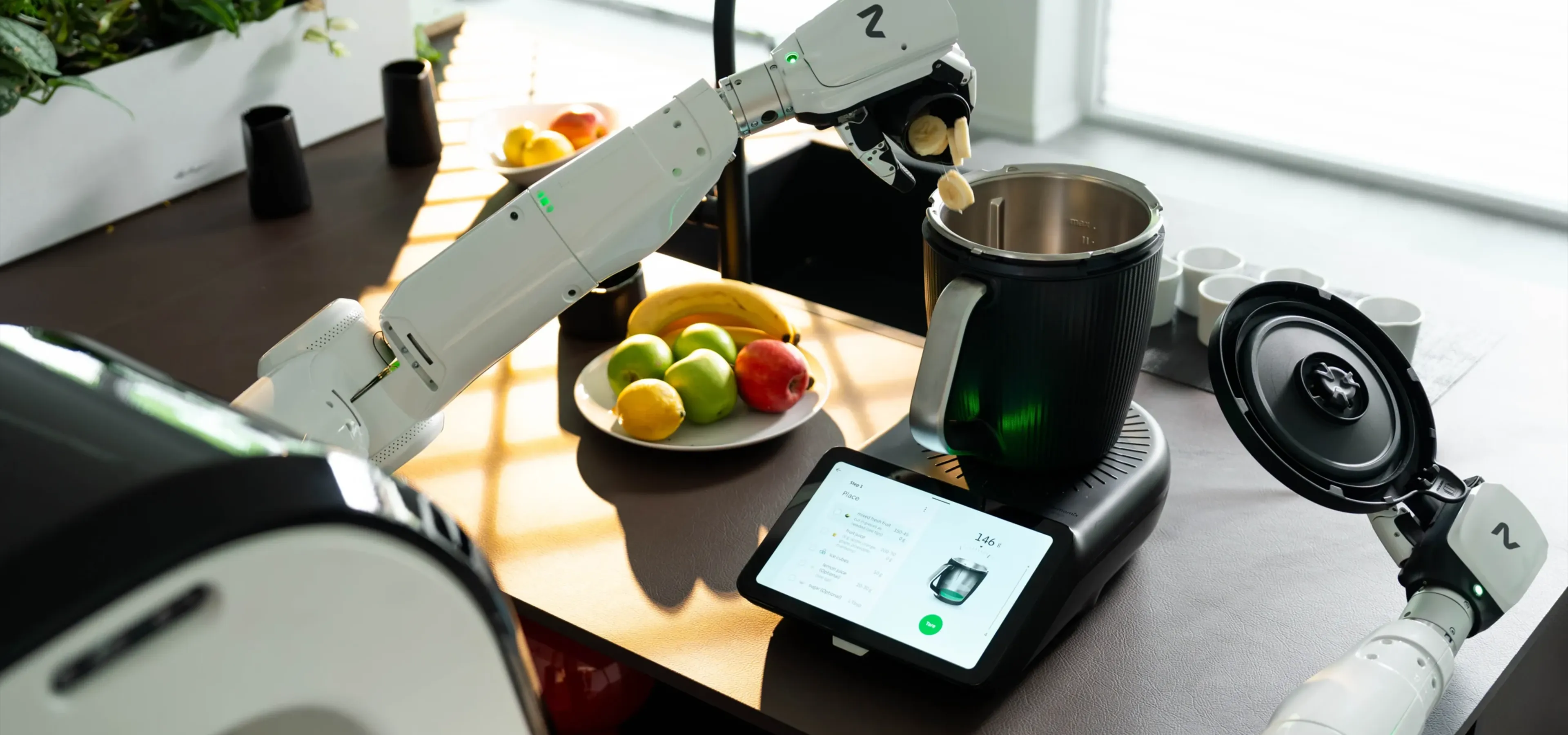 A robot using a thermomix in the kitchen