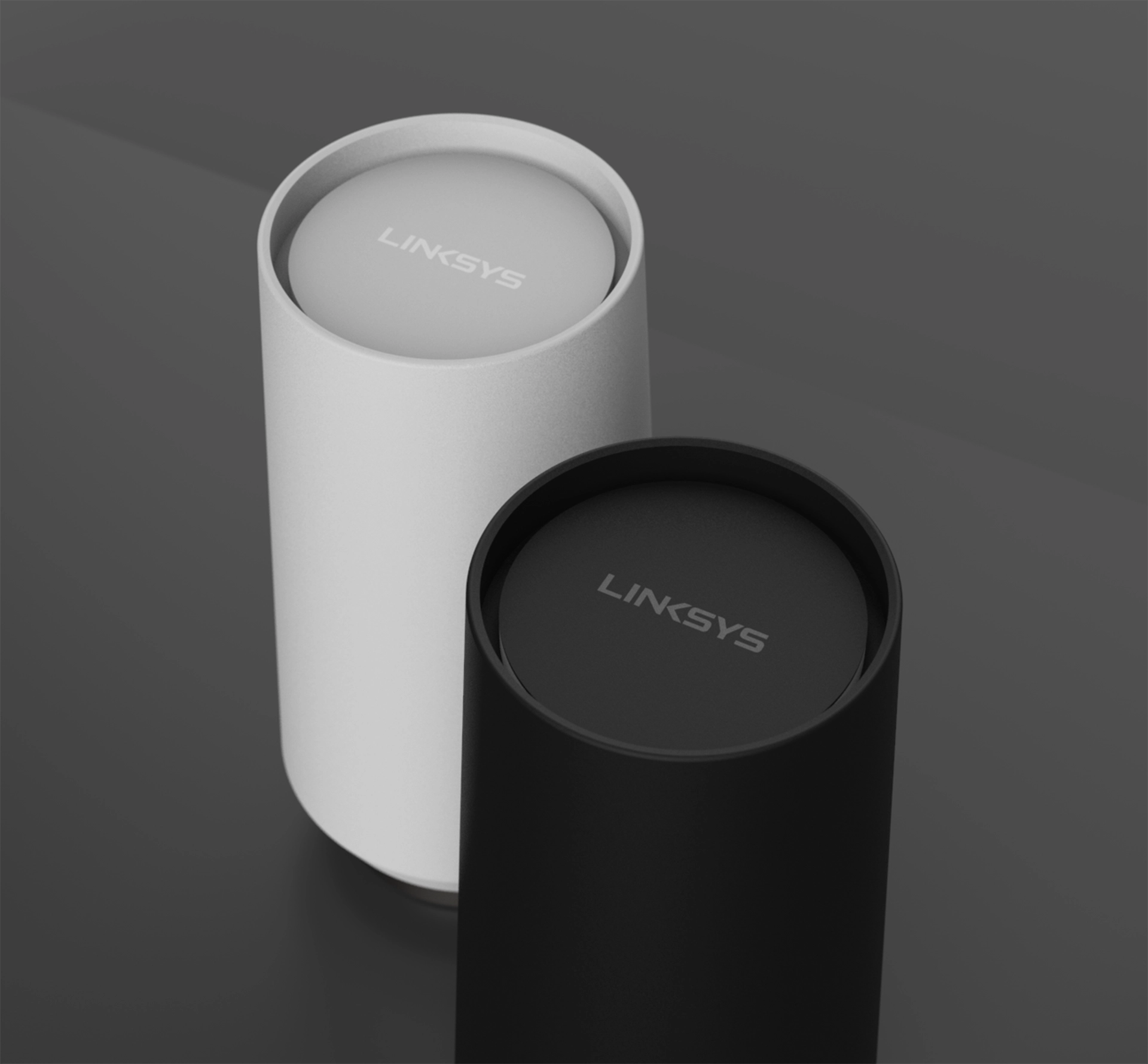 Cylindrical wifi router top detail in black and white