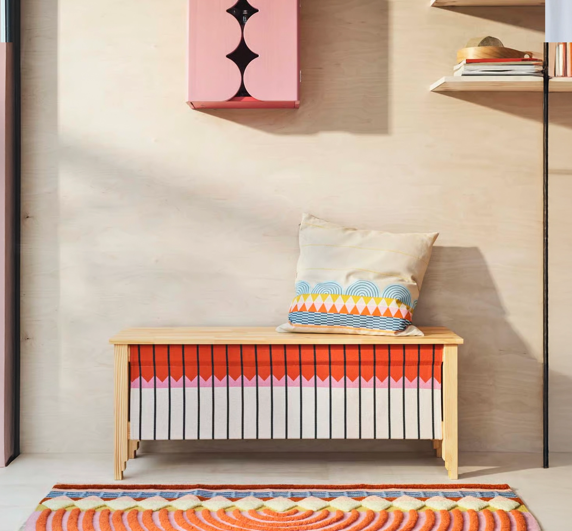 An Ikea wooden bench seat